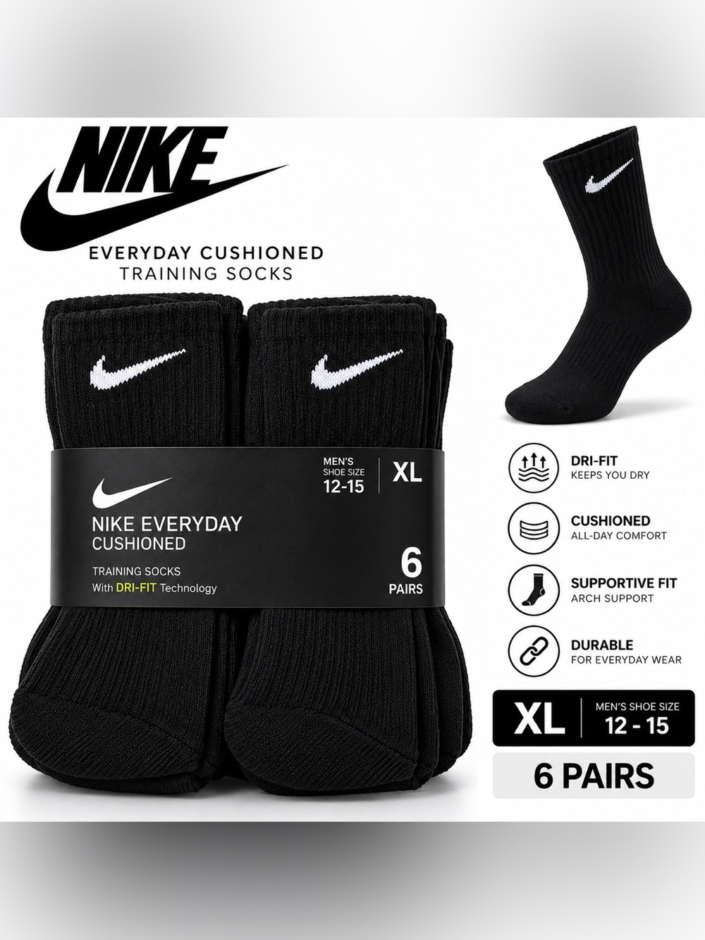 Nike Black Crew Athletic Socks with White Swoosh - 6 Pack